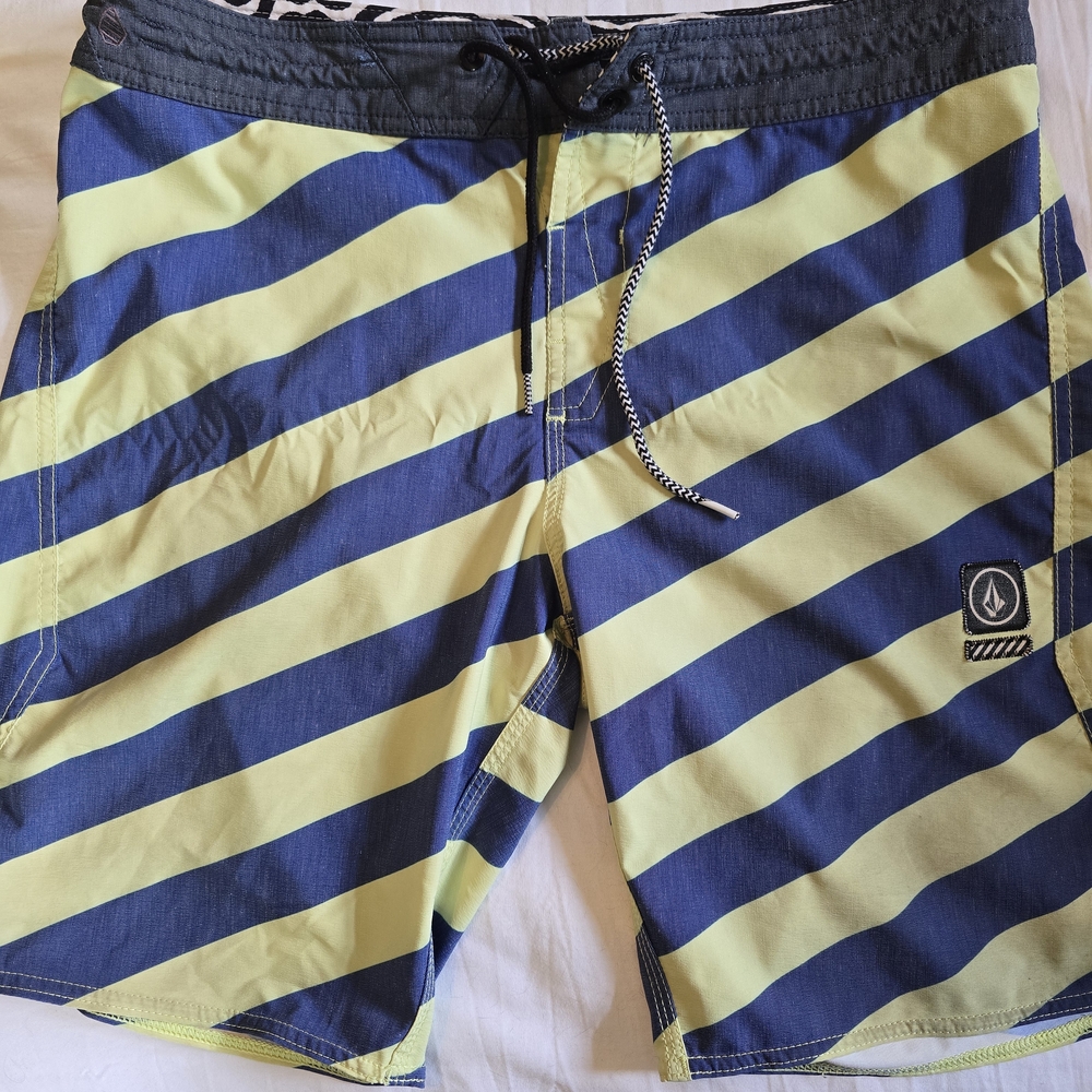 Volcom Men's Blue and Yellow Striped Swim Shorts